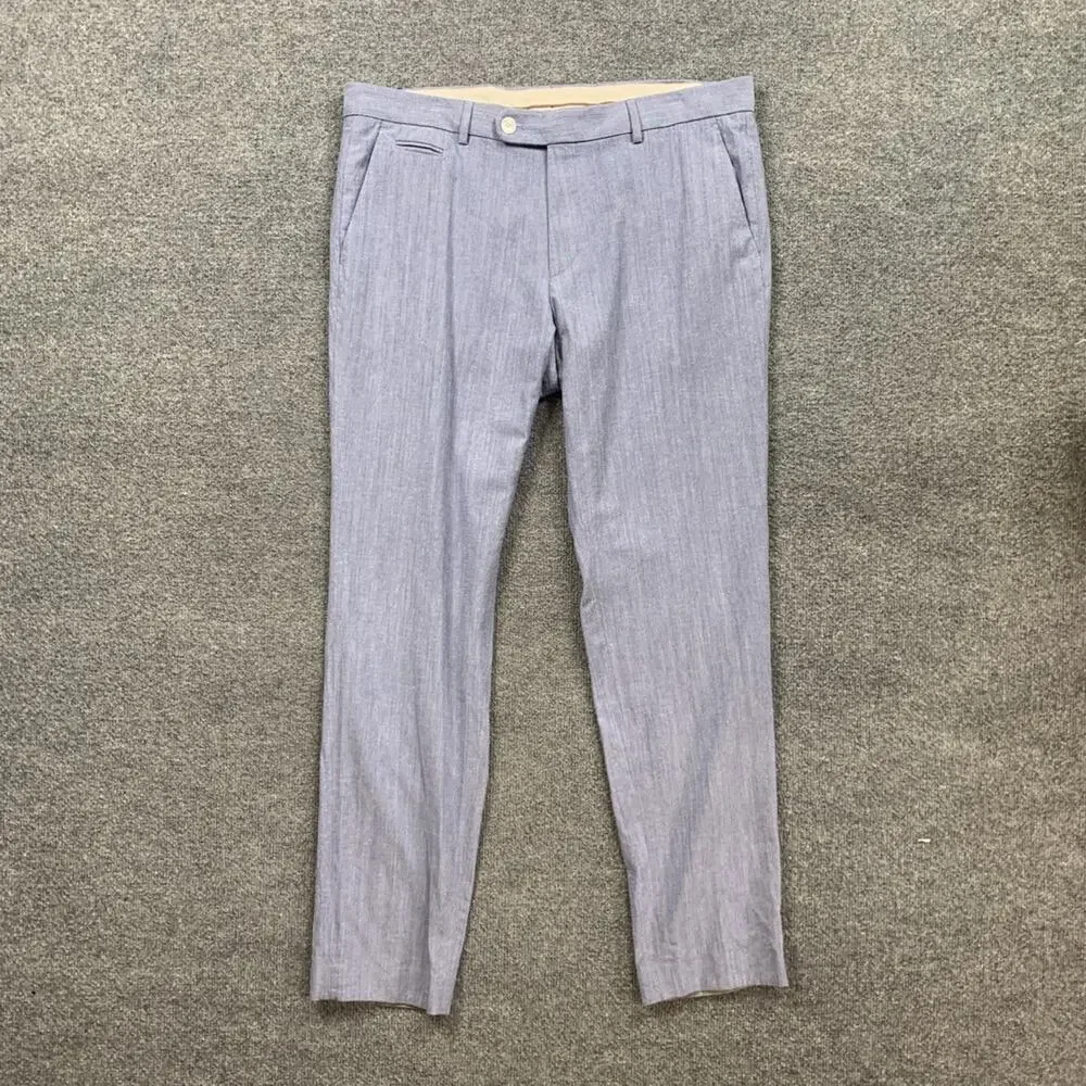 Hugo Boss Pants Mens 36 Blue Gray Cotton Wool Blend Flat Front Dress Trouser
